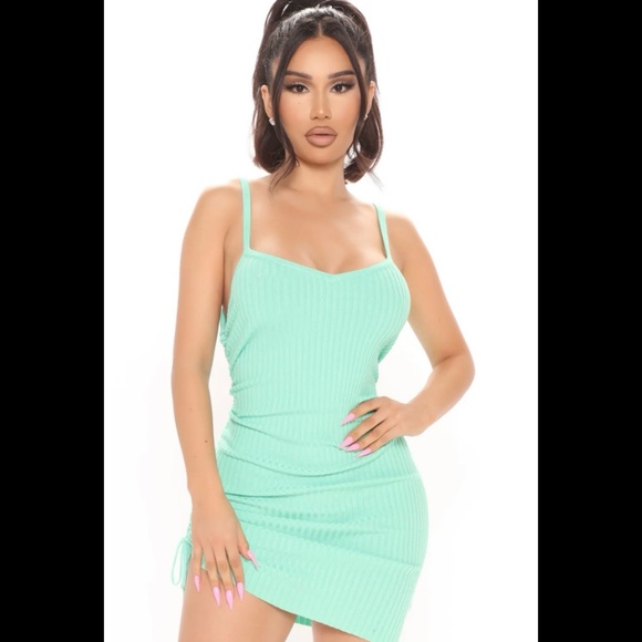Mint Ribbed Bodycon Mini Dress | Adjustable Side Ruched | Size M - Picture 7 of 7